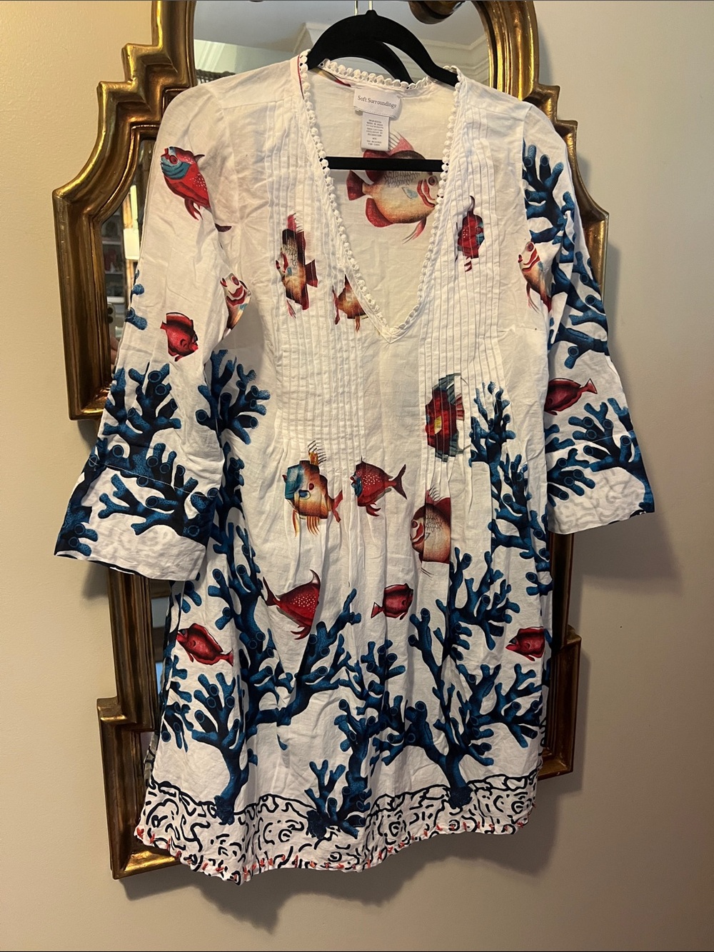 Soft Surroundings White Swim Coverup with Blue Coral and Multicolor Fish Print